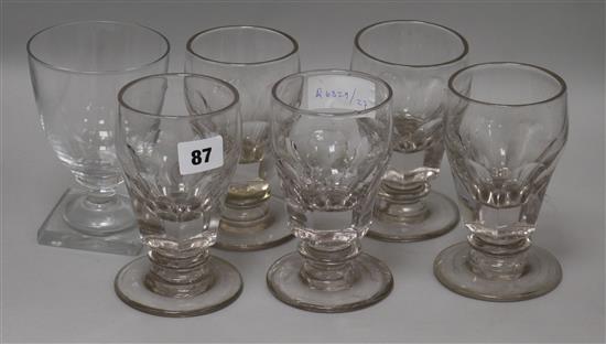 A set of four early half pint glasses and another square base glass height 14.5cm